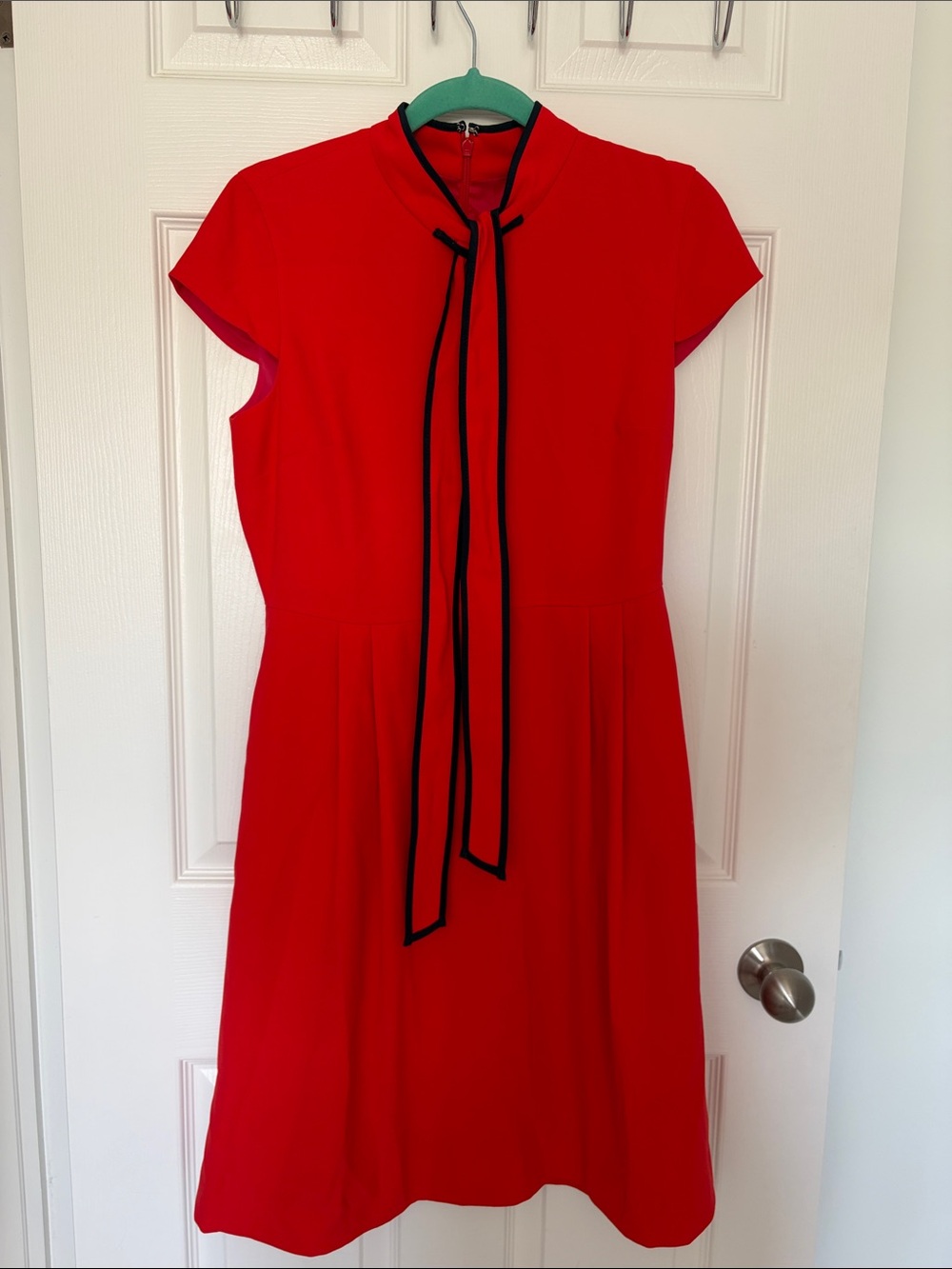 J. Crew Red Tie-Neck Cap-Sleeve Fit-and-Flare Dress with Navy Trim